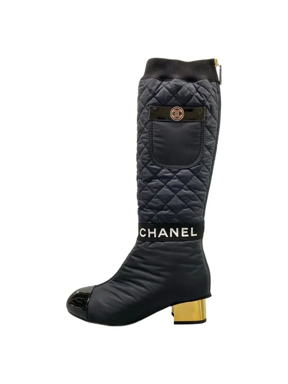 Chanel Long Boots 37 C Black 2-Way Nylon Cover Removable with Pocket Quilted